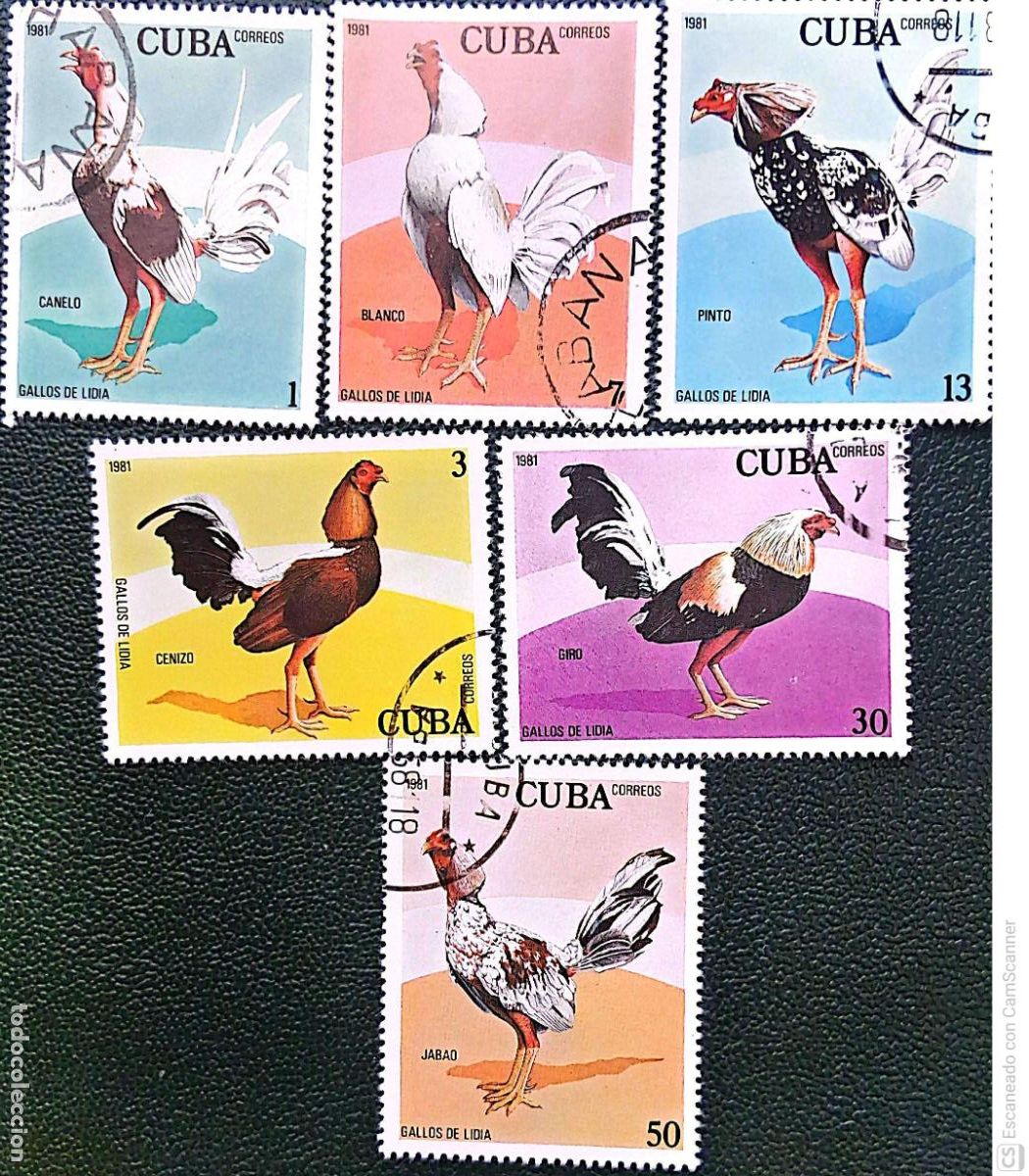 Sellos: Cuba. 2268/73 Gallos de combate y sus colores. 1981. Sellos usados y numeraci&oacute;n Yvert.