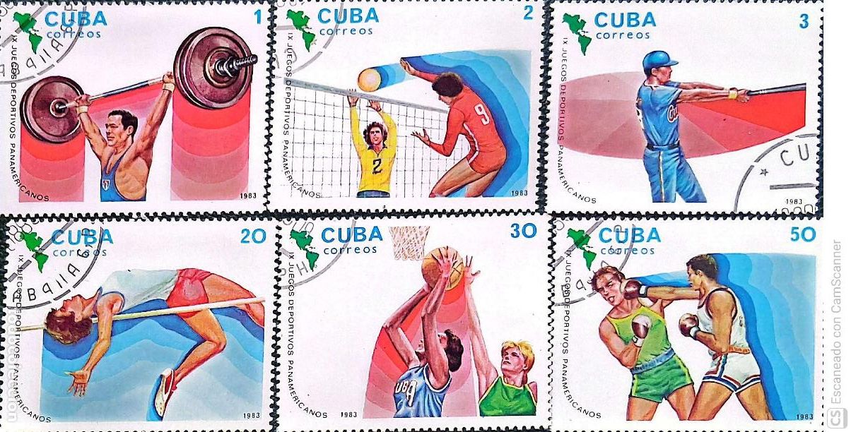 Sellos: Cuba. 2443/48 Juegos panamericanos, en Caracas. Deportes: Halterofilia, volley, b&eacute;isbol, salto de al