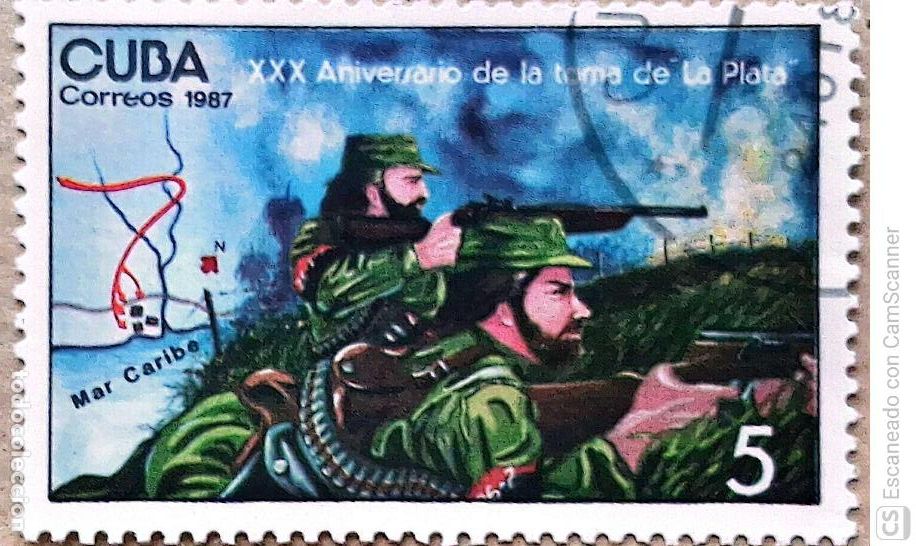 Sellos: Cuba. 2740 Aniversario de la toma de la Plta: Guerrilleros y mapa de combate. 1987. Sellos usados y