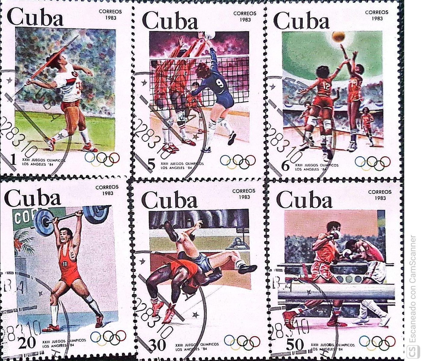 Sellos: Cuba. 2416/21 Preol&iacute;mpico Los &Aacute;ngeles: Jabalina, volley, basket, halterofilia, lucha, boxeo. 1983.