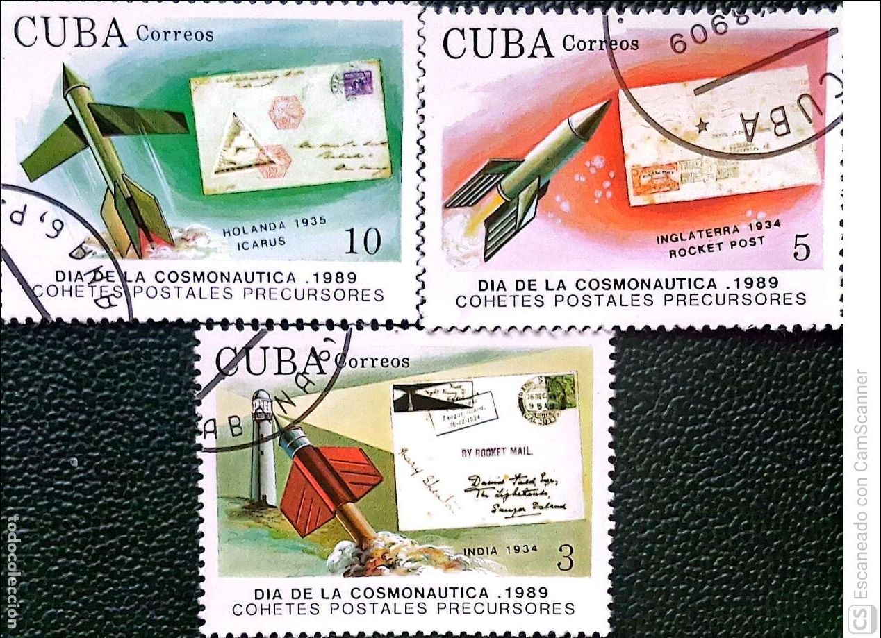 Sellos: Cuba. 2928/30 D&iacute;a de la cosmon&aacute;utica. Transporte postal por cohete. 1989. Sellos usados y numeraci&oacute;n