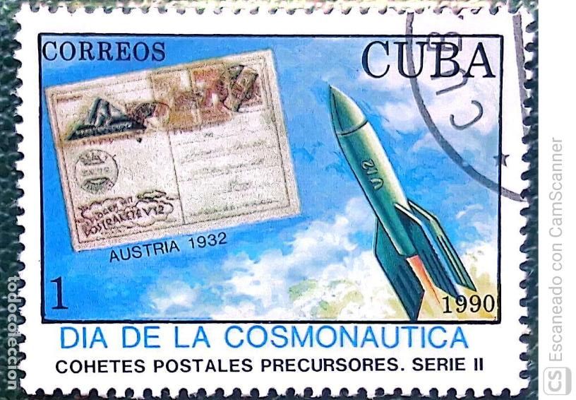 Sellos: Cuba. 3015 D&iacute;a de la cosmon&aacute;utica. Transporte postal por cohete. 1990. Sellos usados y numeraci&oacute;n Yv