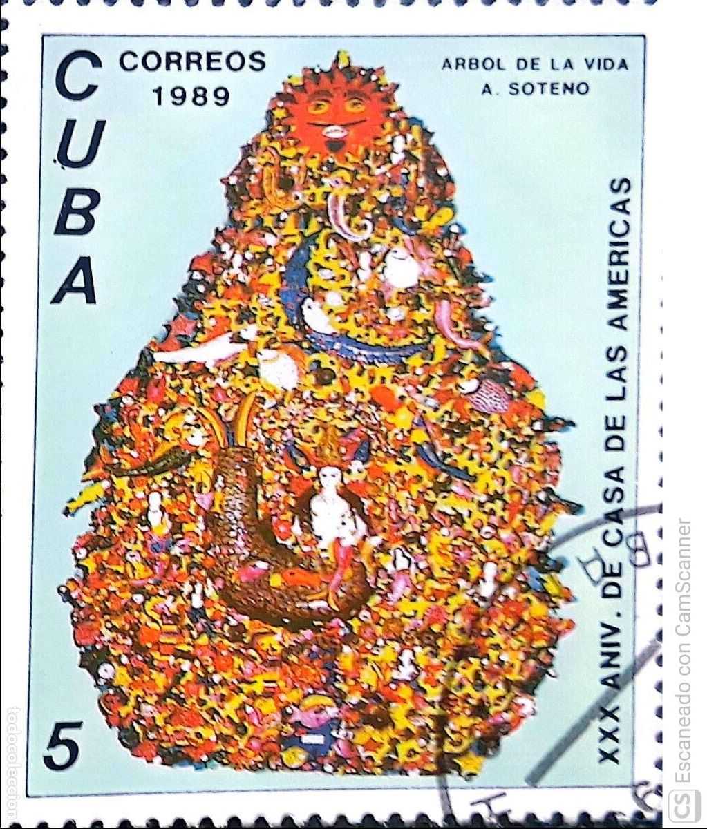 Sellos: Cuba. 2935 Aniversario de la Casa de las Am&eacute;ricas. Cuadro El &aacute;rbol de la vida, de A. Soteno. 1989. S