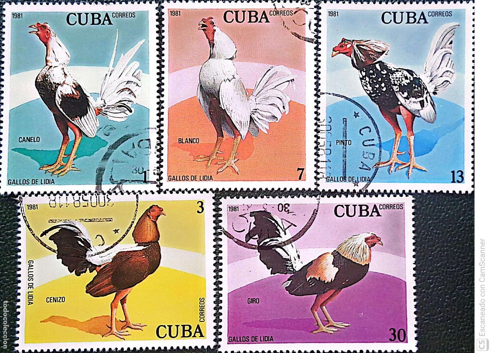 Sellos: Cuba. 2268/72 Gallos de combate y sus colores. 1981. Sellos usados y numeraci&oacute;n Yvert.