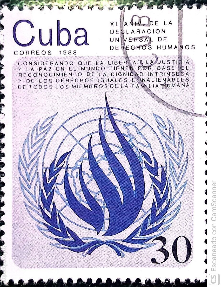 Sellos: Cuba. 2901 Aniversario de la Declaci&oacute;n de los Derechos del Hombre. 1988. Sellos usados y numeraci&oacute;n