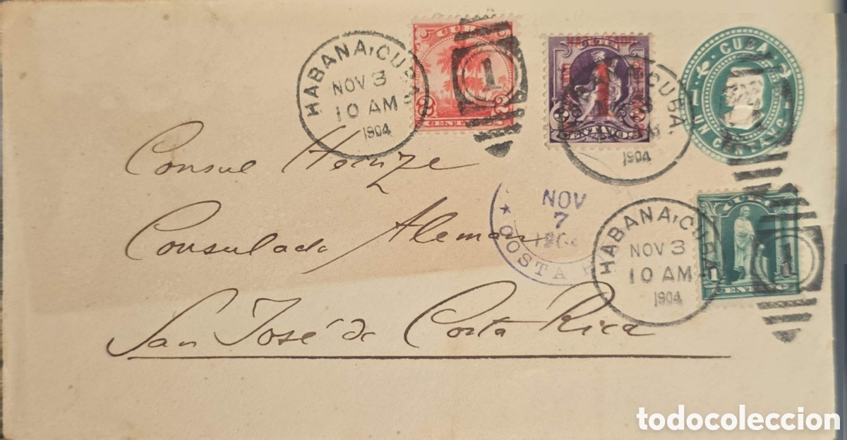 Sellos: Cy) 1904 Cuba Historical envelope franked with four Cuban stamps of varied colors and denomin