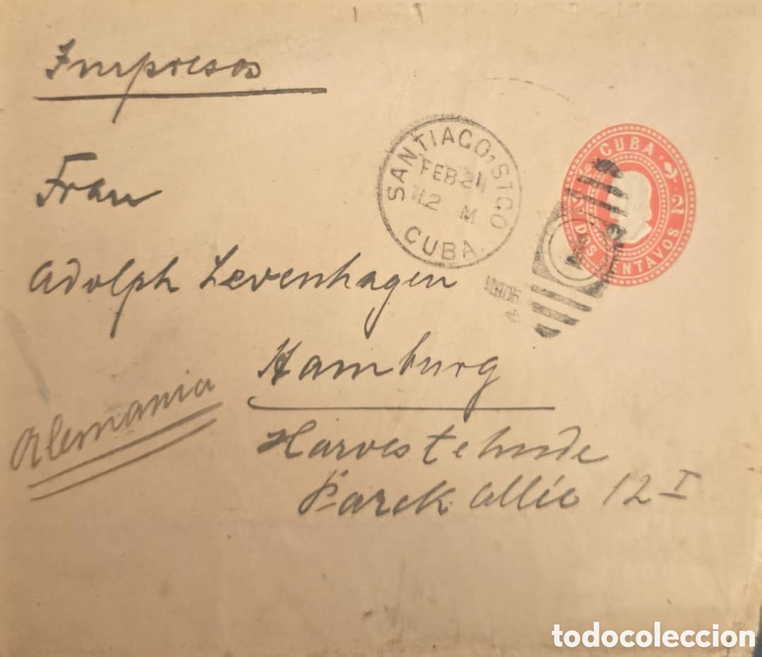 Sellos: Cy) 1912 Cuba &ndash; Historical envelope franked with red Cuban postage, canceled &ldquo;Santiago, Cuba,