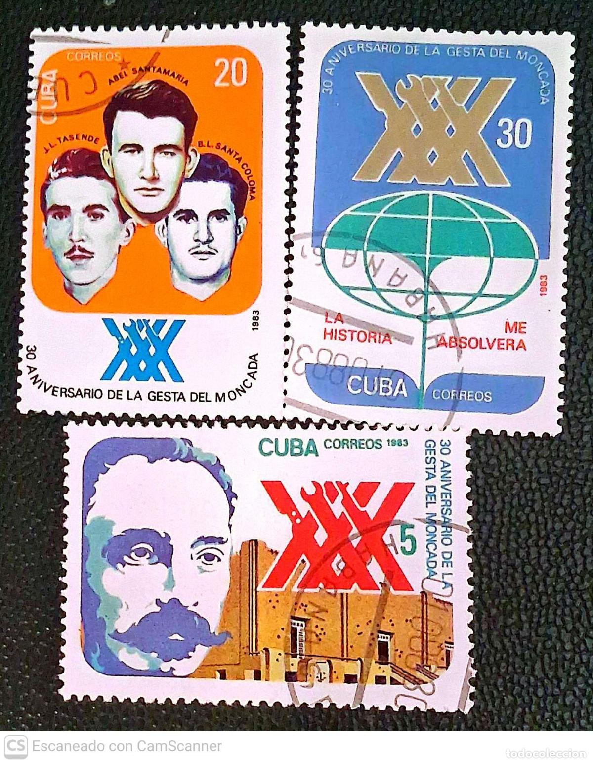 Sellos: Cuba. 2440/42 Aniversario del asalto del cuartel de Moncada: Jos&eacute; Mart&iacute; y el cuartel, retroto de tre