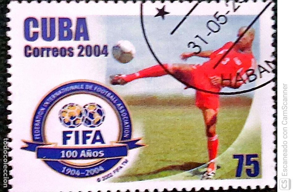 Sellos: Cuba. 4172 Centenario de la FIFA: Logo del centenario y jugador. 2004. Sellos usados y numeraci&oacute;n Yv