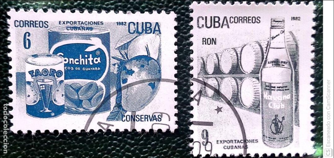 Sellos: Cuba. 2338 y 2341 Exportaciones: Conservas y ron. 1981. Sellos usados y numeraci&oacute;n Yvert.