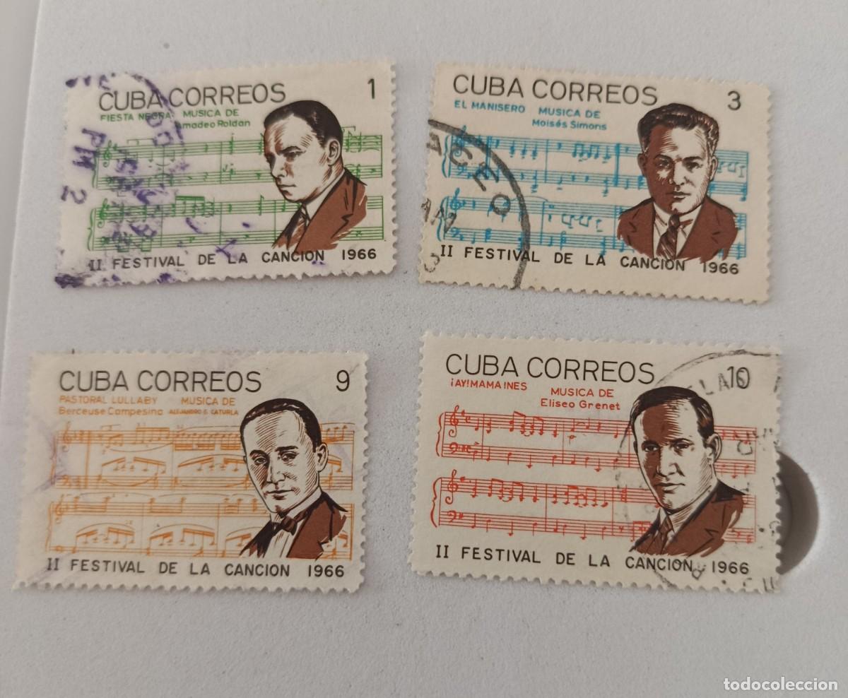 Sellos: Sellos Cuba 1966, II Festival mundial de la canci&oacute;n. edifil 1394, 1396, 1398/1399.