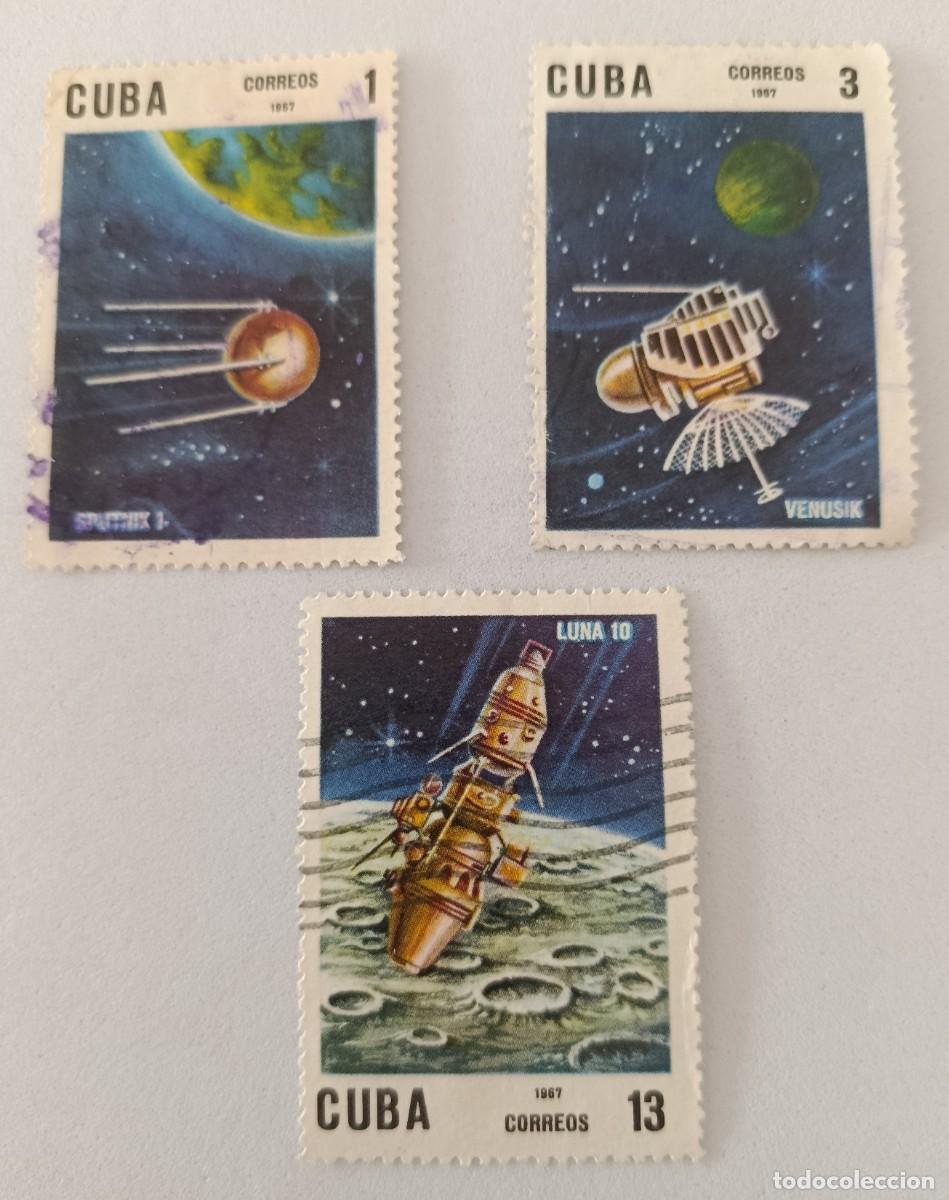 Sellos: Sellos Cuba 1967, X Aniversario del primer sat&eacute;lite artificial. edifil 1520, 1522 y 1527.