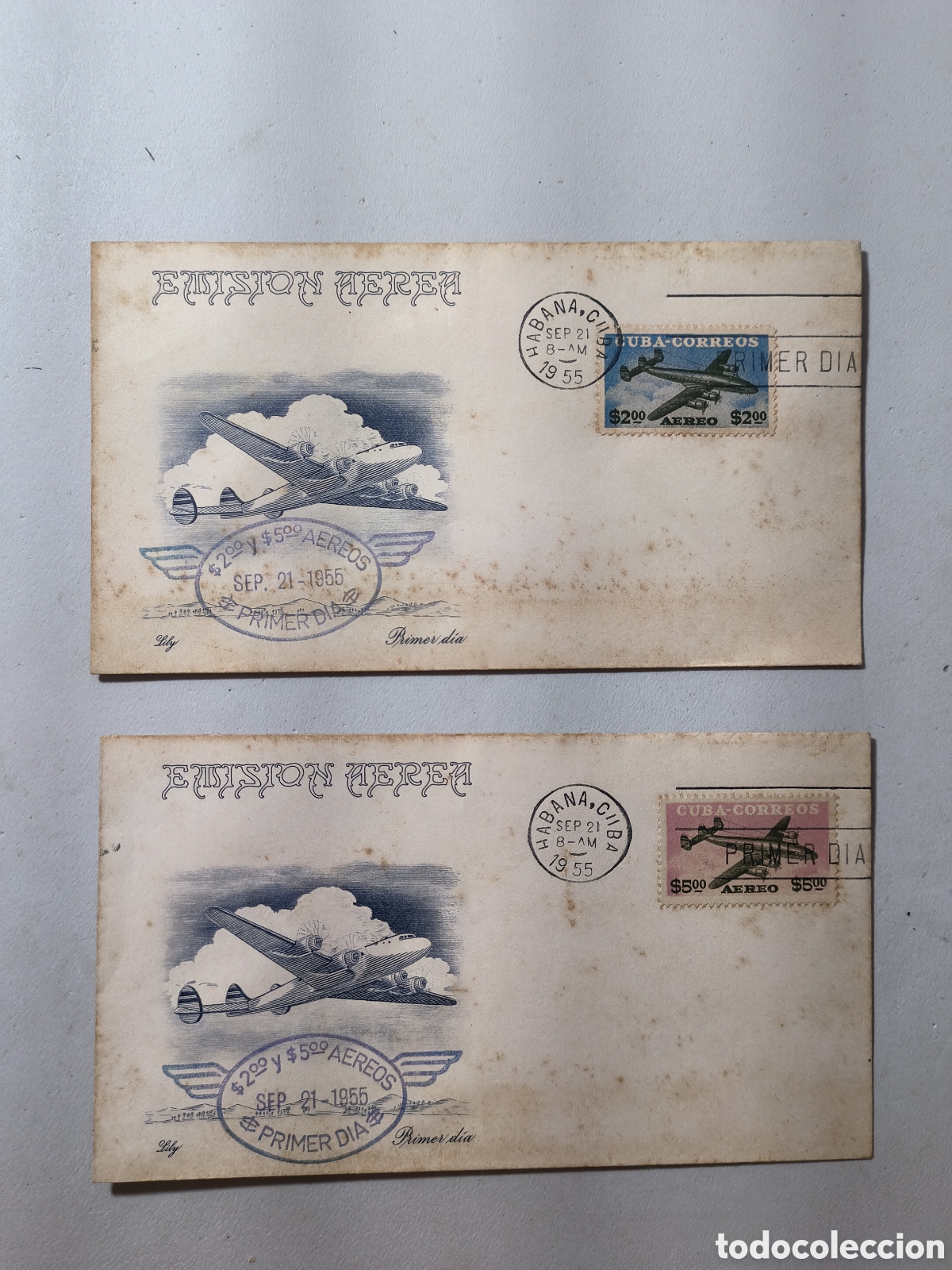 Sellos: Cuba,raros sobres primer d&iacute;a correo a&eacute;reo ,aviones de 1955