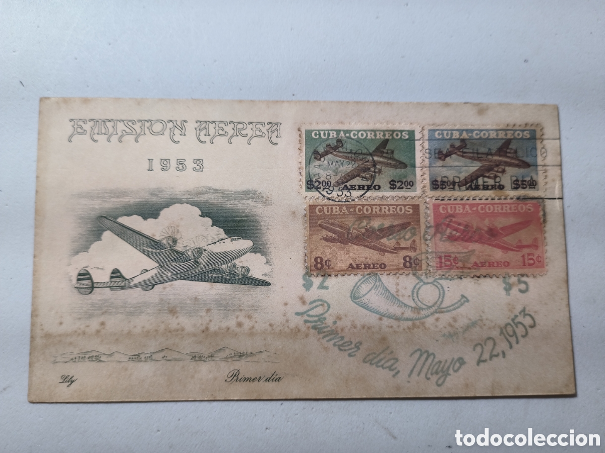 Sellos: Cuba,sobre primer d&iacute;a emisi&oacute;n correo a&eacute;reo,aviones de 1953.