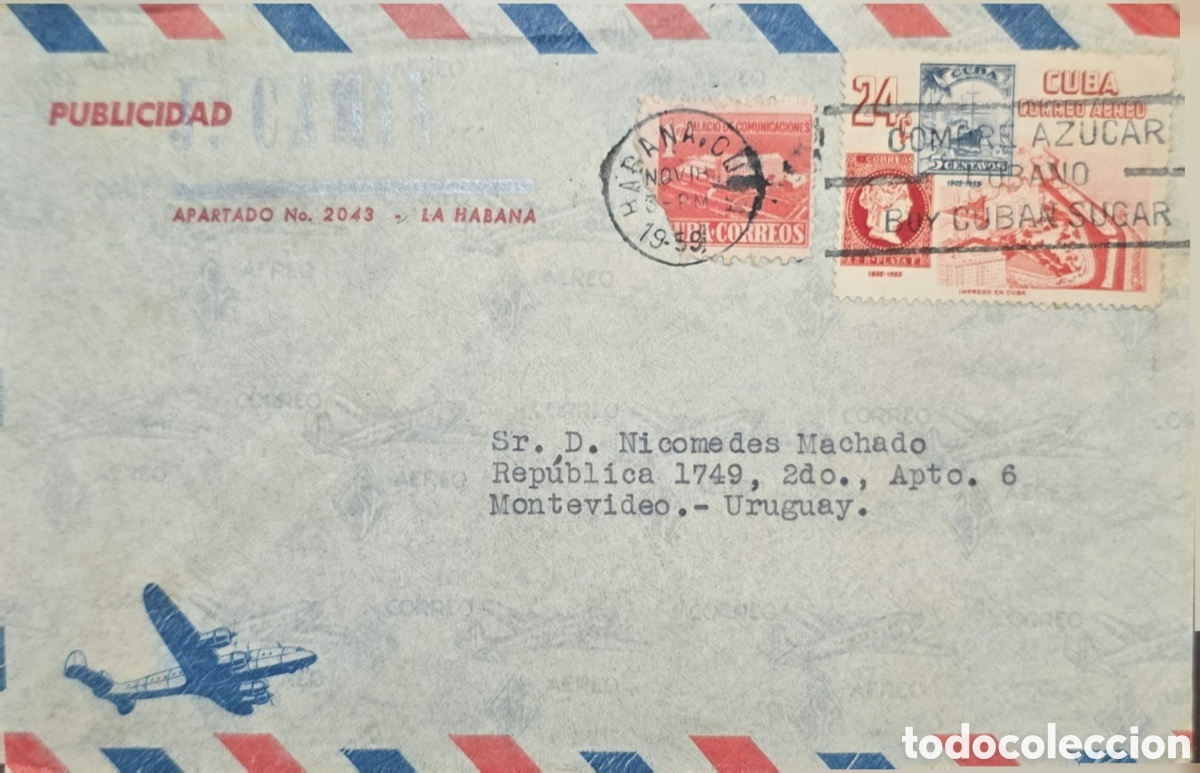 Sellos: CA)Cuba + 1950s + Airmail + International envelope with red‑blue border, three Cuban stamps includin