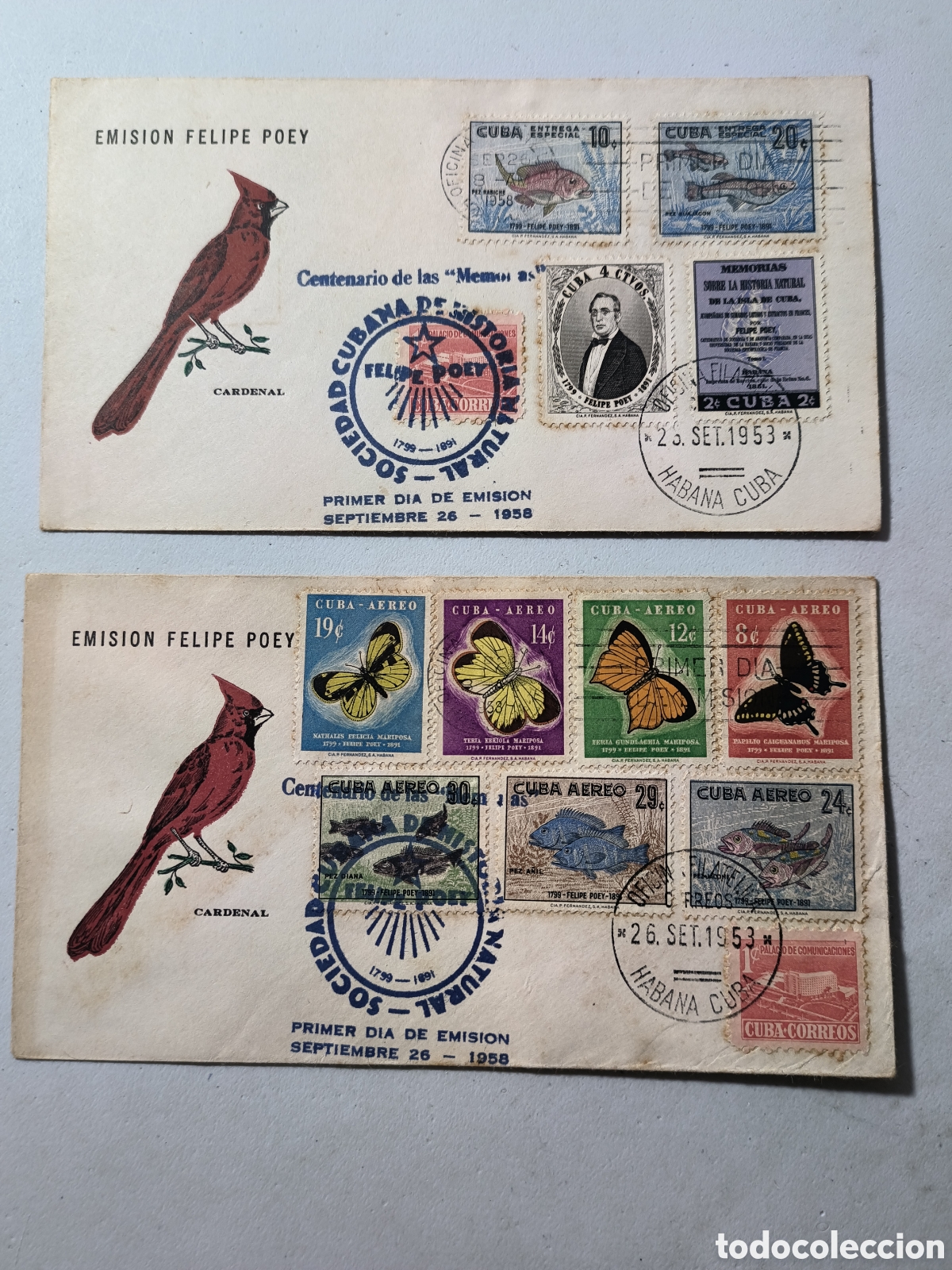 Sellos: Cuba,sobres primer d&iacute;a emisi&oacute;n honor Felipe Poey,a&ntilde;o 1958.