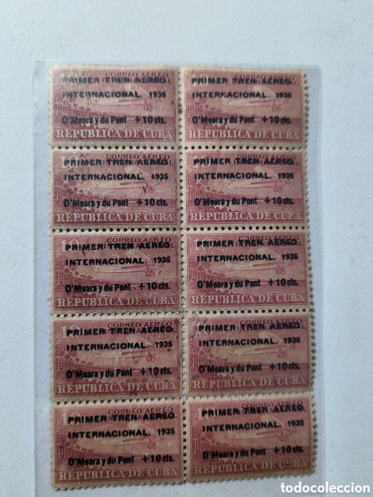 Sellos: Cuba,bloque de 10 sellos mint,primer tren a&eacute;reo internacional,a&ntilde;o 1935