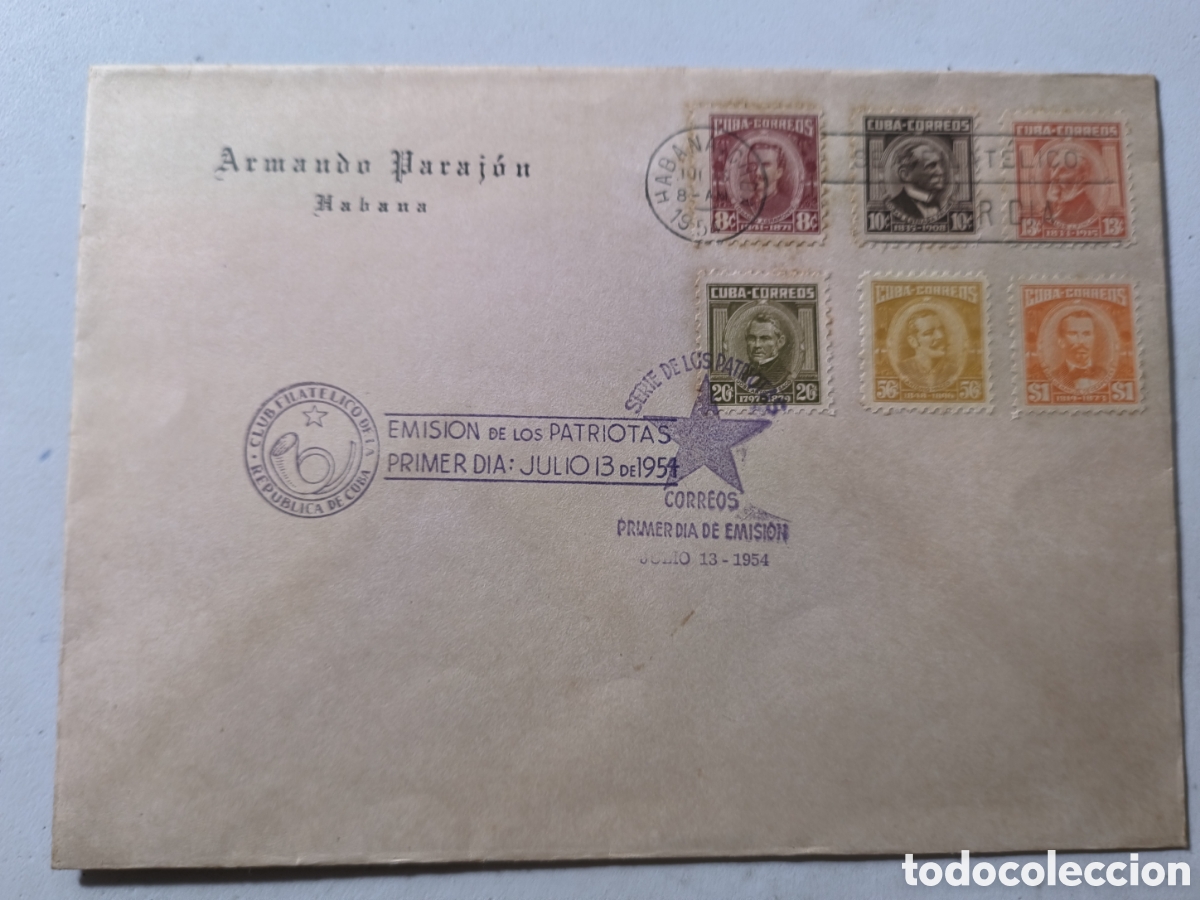 Sellos: Cuba,sobre primer d&iacute;a emisi&oacute;n patriotas 1954.