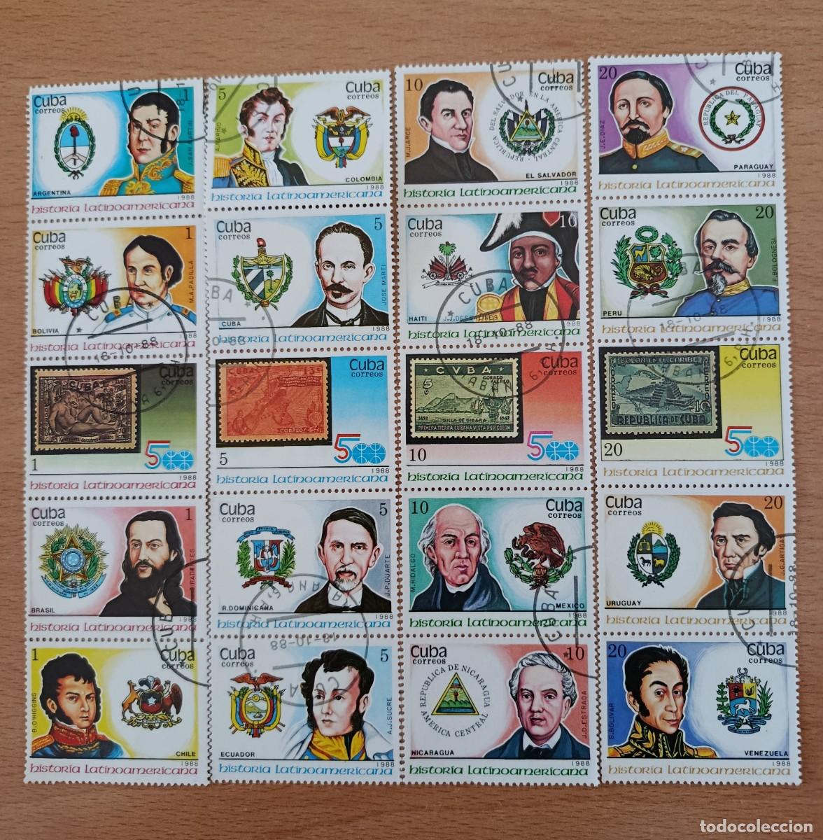 Sellos: Sellos Cuba 1988, Historia Latinoamericana, Patriotas y escudos. edifil 3386/3405