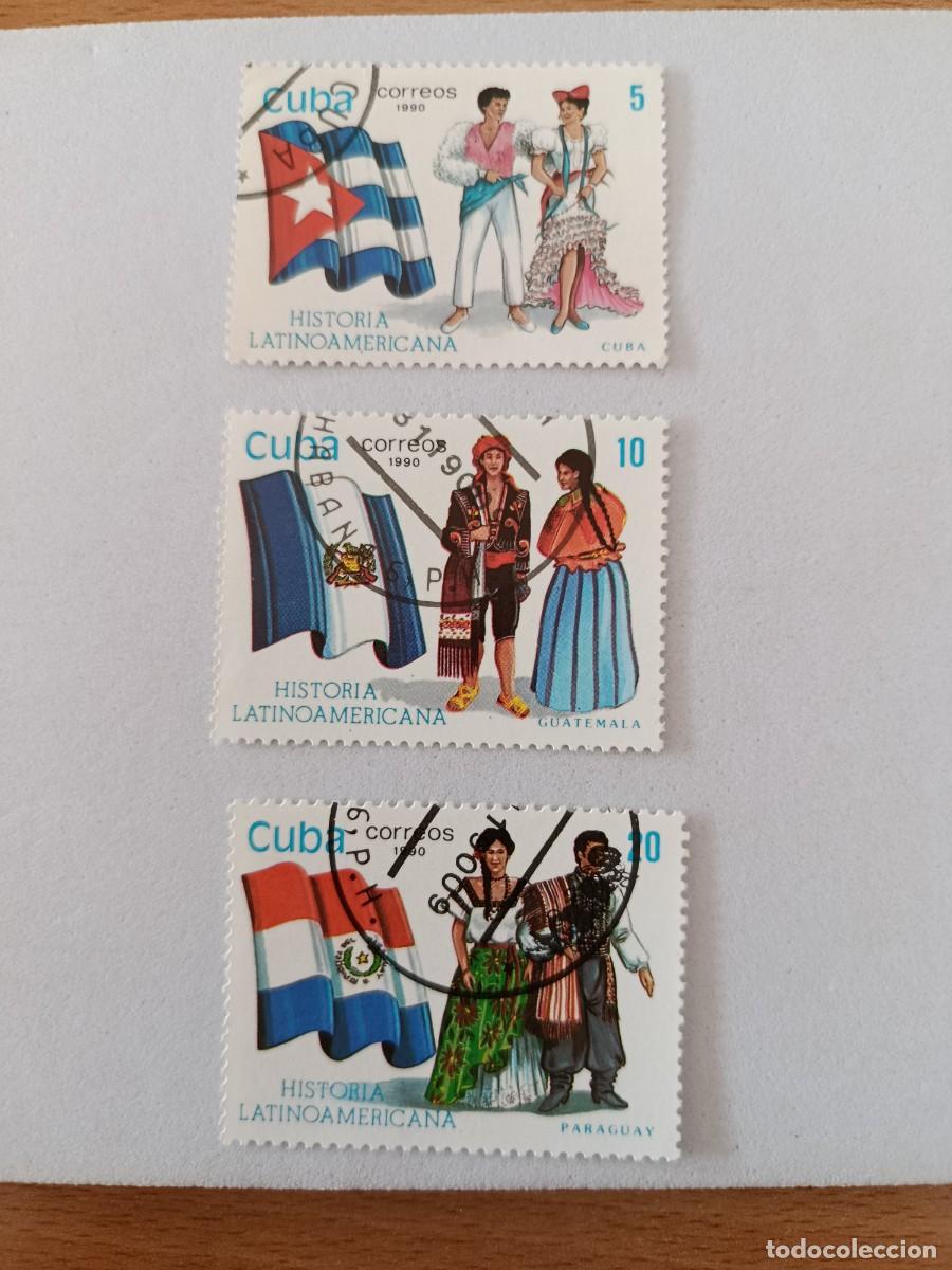 Sellos: Sellos Cuba 1990, Historia Latinoamericana, Banderas y trajes t&iacute;picos.
