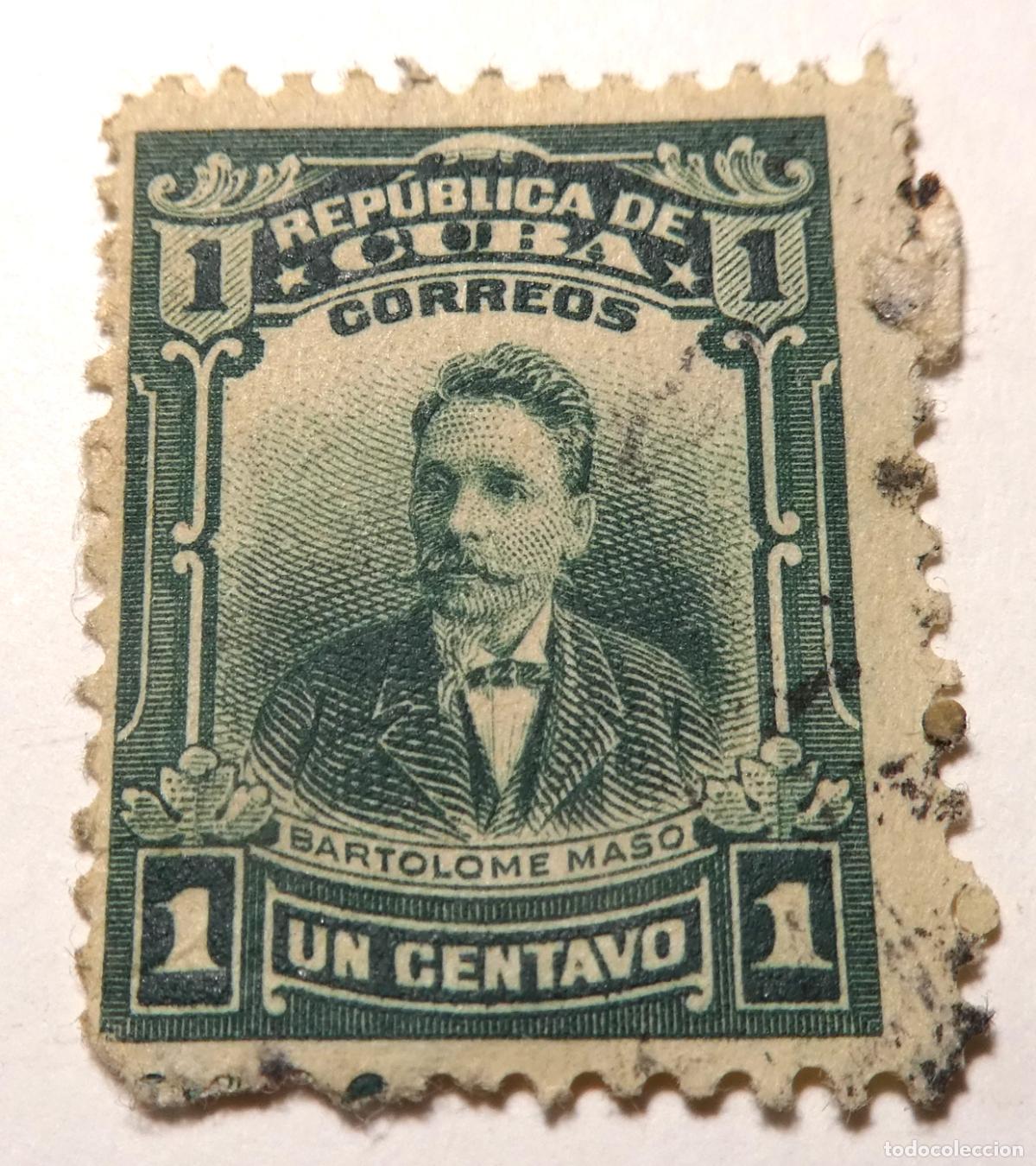 Sellos: Sello postal de Rep&uacute;blica de Cuba de 1 centavo de 1910 , Bartolom&eacute; Mas&oacute;