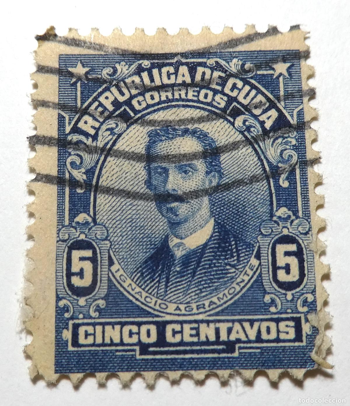 Selos: Sello postal de Rep&uacute;blica de Cuba de 5 centavos de 1910 ,retrato de Ignacio Agramonte.