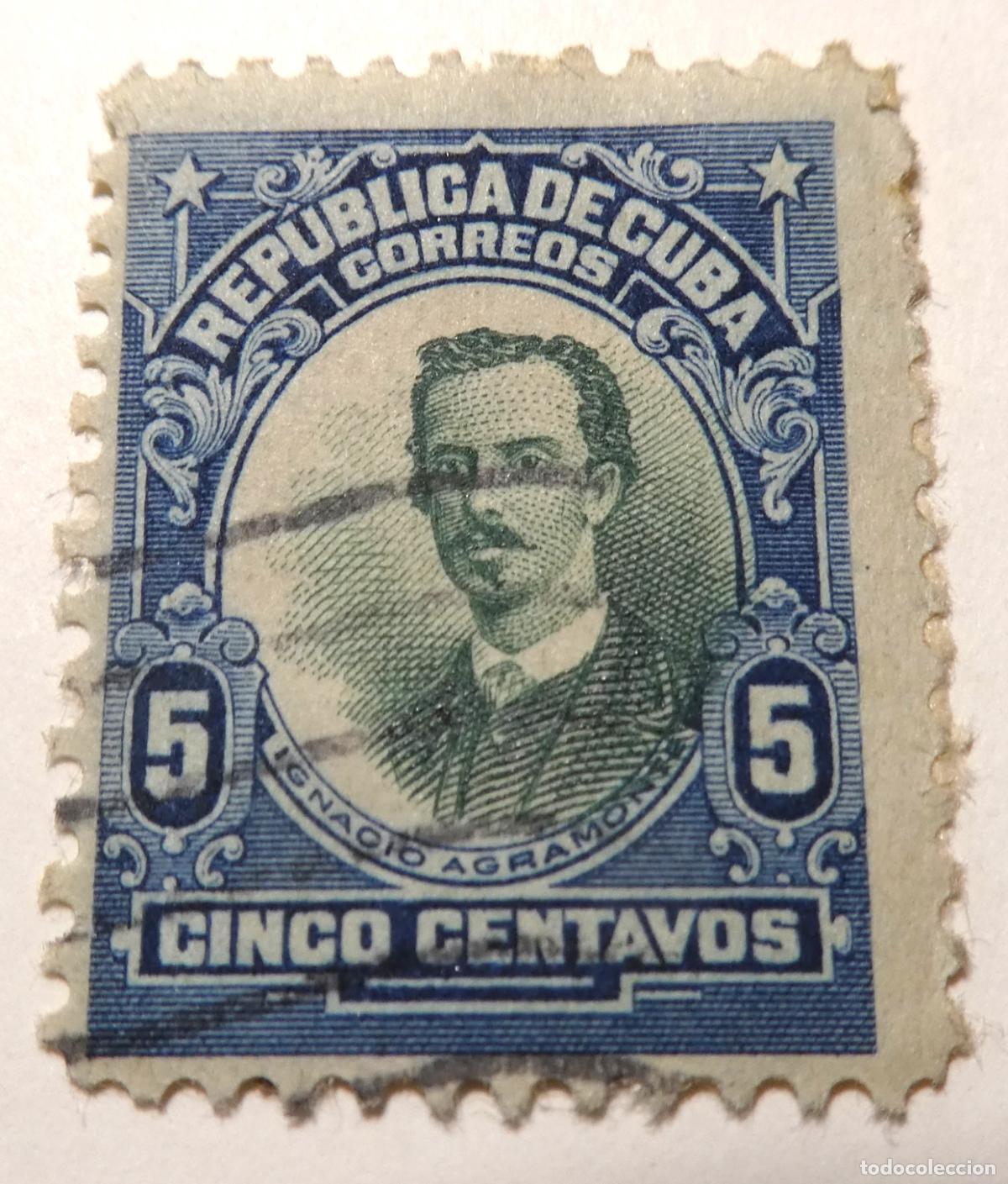 Selos: Sello postal de Rep&uacute;blica de Cuba de 5 centavos de 1910 ,Retrato de Ignacio Agramonte y Loynaz