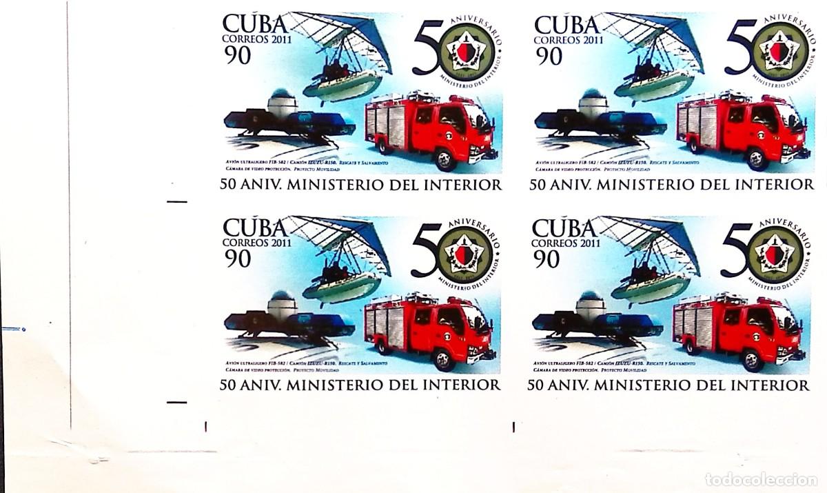 Sellos: MI) 2011 CUBA, DIE PROOF, IMPERFORATE BLOCK OF 4, RED FIRE TRUCK, ULTRALIGHT AIRCRAFT, AND 50TH-ANNI