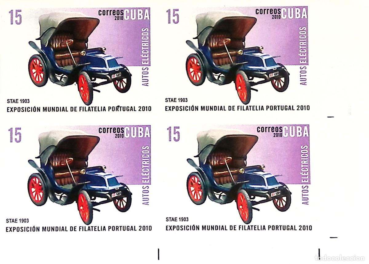 Sellos: MI) 2010 CUBA, DIE PROOF, IMPERFORATE BLOCK OF 4, ELECTRIC CARS, WORLD PHILATELIC EXHIBITION (PORTUG
