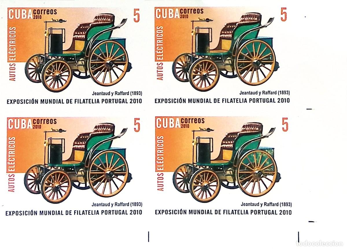 Sellos: MI) 2010 CUBA, DIE PROOF, IMPERFORATE BLOCK OF 4, ELECTRIC CARS, PORTUGAL WORLD PHILATELIC EXHIBITIO