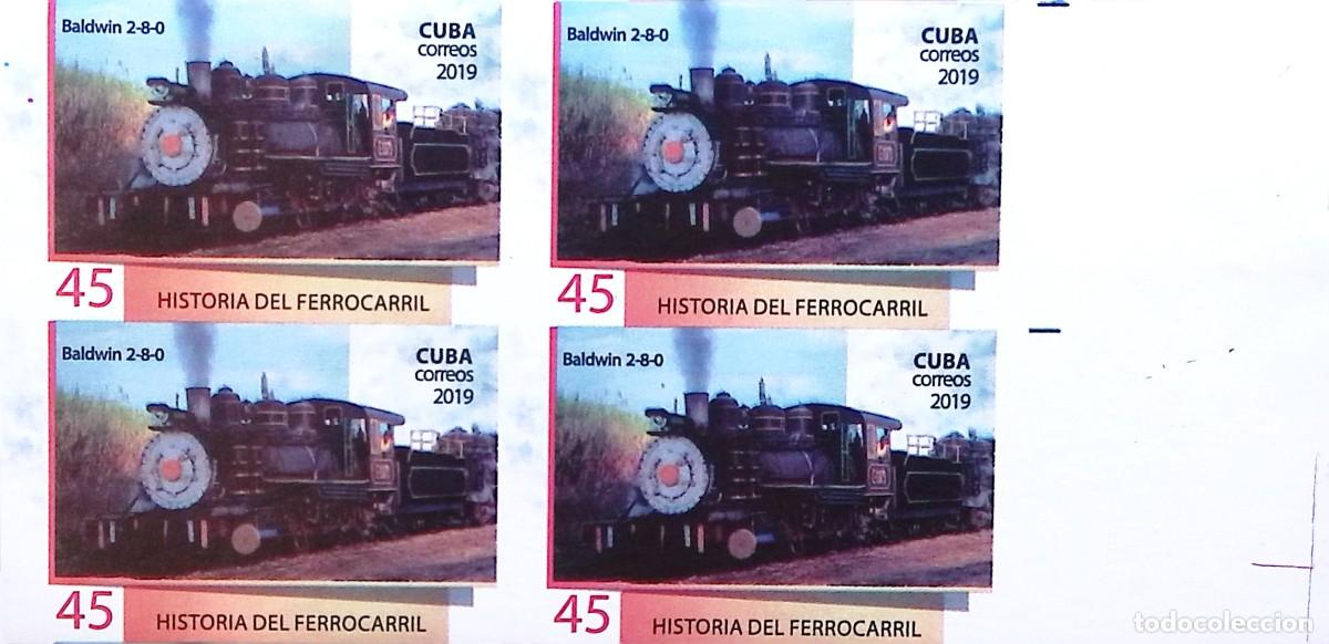 Sellos: MI) 2019 CUBA, DIE PROOF, IMPERFORATE BLOCK OF 4, RAILWAY HISTORY, BALDWIN 2-8-0 LOCOMOTIVE