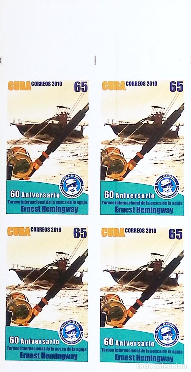 Sellos: MI) 2010 CUBA, DIE PROOF, BLOCK OF 4, IMPERFORATE, ANNIVERSARY OF THE ERNEST HEMINGWAY INTERNATIONAL