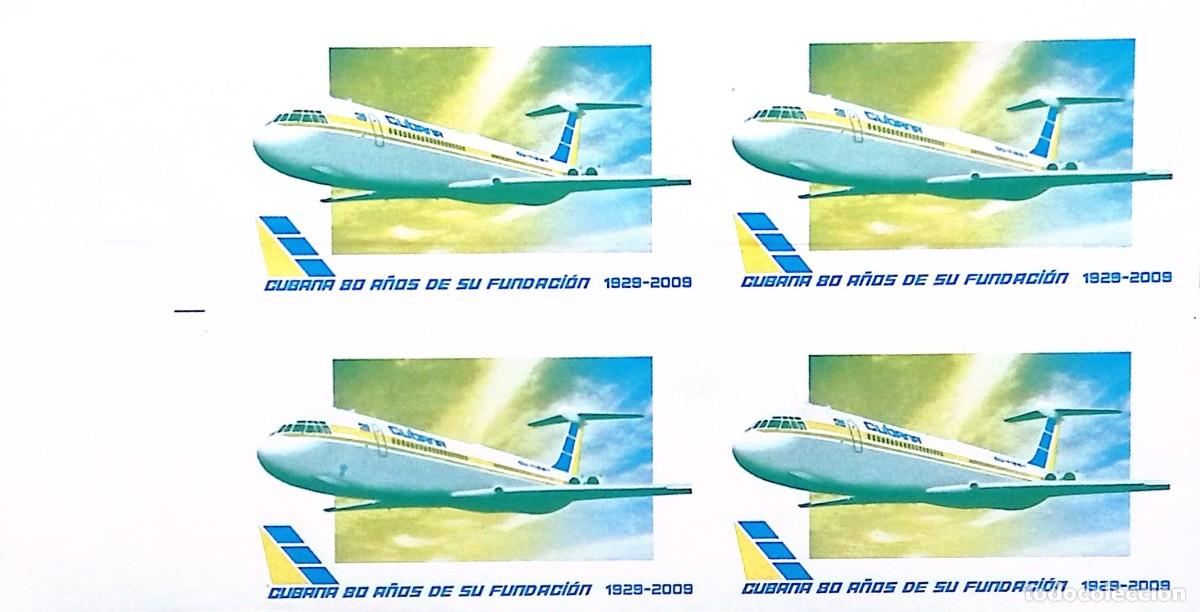 Sellos: MI) 2009 CUBA, DIE PROOF, BLOCK OF 4, IMPERFORATE, COMMEMORATIVE ISSUE FOR CUBANA DE AVIACI&Oacute;N FEATUR