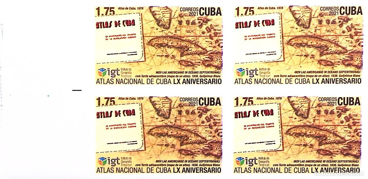 Sellos: MI) 2021 CUBA, DIE PROOF, BLOCK OF 4, IMPERFORATE, ANNIVERSARY OF THE NATIONAL ATLAS OF CUBA, 1638,