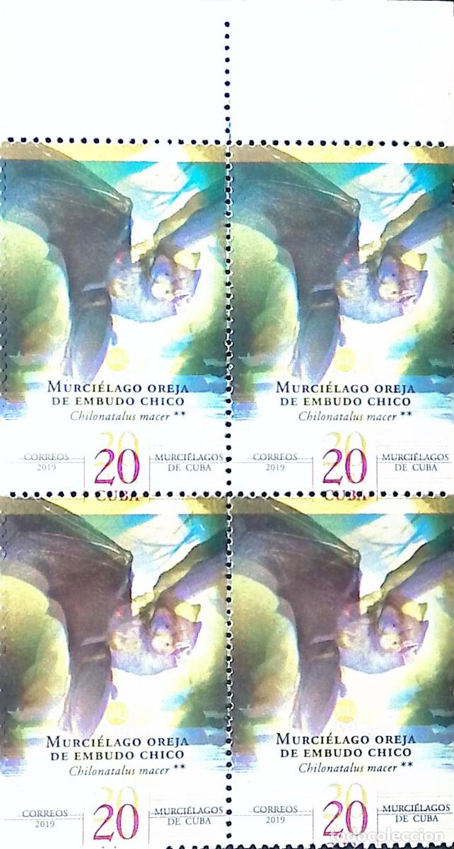 Sellos: MI) 2019 CUBA, DIE PROOF, BLOCK OF 4 WITH COLOR VARIATION, BATS OF CUBA, SMALL FUNNEL-EARED BAT, MNH