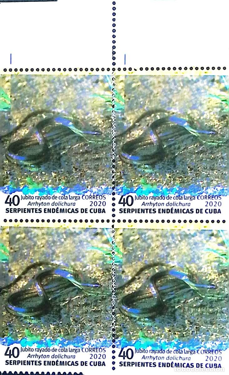 Sellos: MI) 2020 CUBA, DIE PROOF, BLOCK OF 4 WITH COLOR VARIATION, ENDEMIC SNAKES OF CUBA, LONG-TAILED STRIP