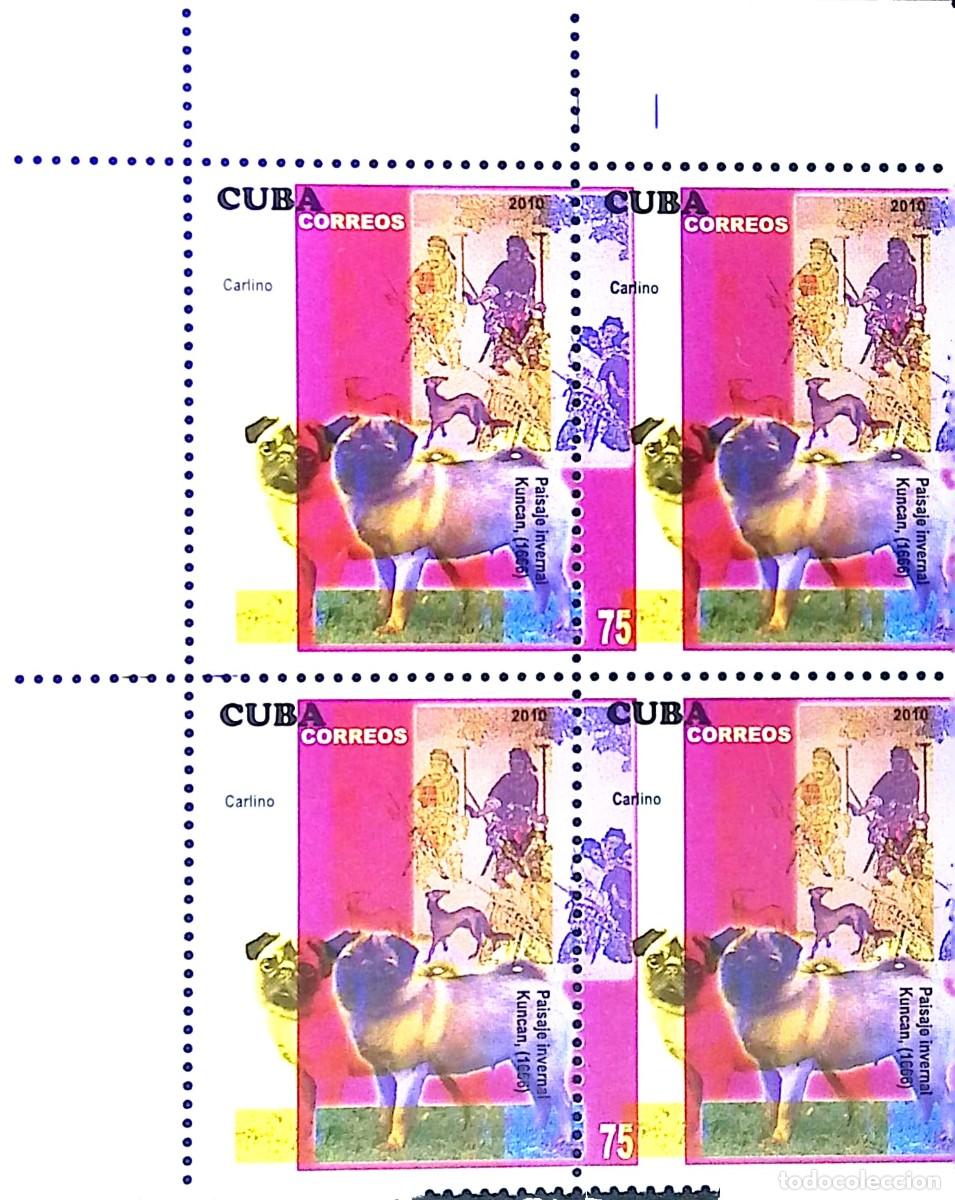 Sellos: MI) 2010 CUBA, DIE PROOF WITH PERFORATION VARIATION AND COLOR ERROR, BLOCK OF 4, &rdquo;DOGS IN ART&rdquo; (PUG