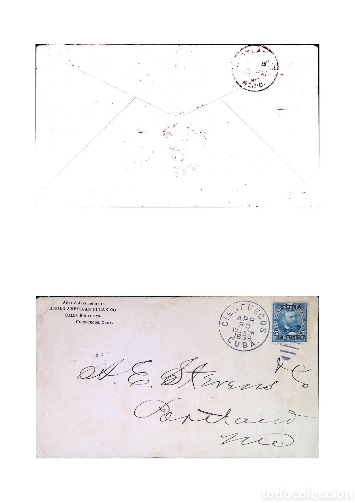 Sellos: Cy) 1899 &middot; Cuba commercial cover from Cienfuegos with blue Cuban stamp, clear APR 30 postmark