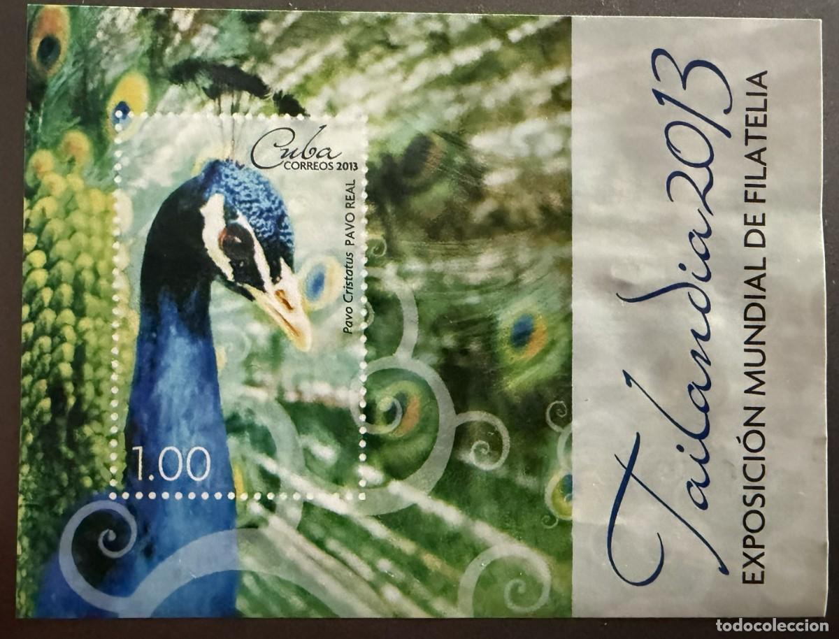 Sellos: OTEN181, CUBA, 2013, FAUNA, AVES, PAVO REAL, HOJA-BLOQUE NUEVA CON DEFECTO