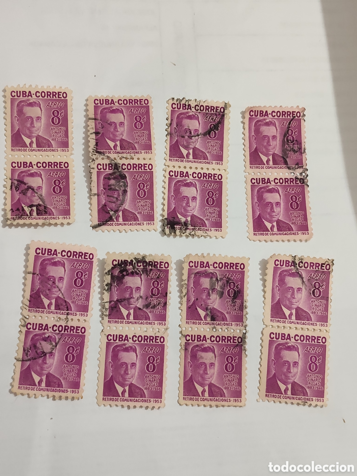 Sellos: 16 sellos de Cuba en bloques de 2 Antonio Ginard Rojas Retiro de Comunicaciones 1953 usados