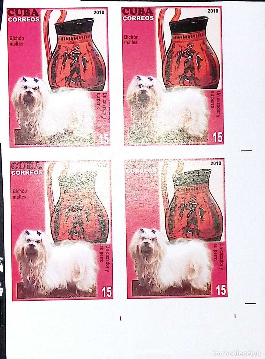 Sellos: TS) 2010 CUBA, DIE PROOF, IMPERFORATE, BLOCK OF 4,THE DOG IN ART:MALTESE DOG AND GREEK VASE, MNH.