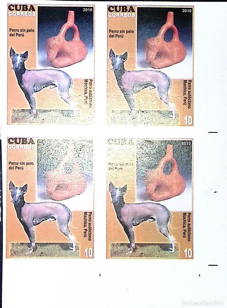 Sellos: TS) 2010 CUBA, DIE PROOF, IMPERFORATE, BLOCK OF 4,THE DOG IN ART:PERUVIAN INCA DOG AND JUG, MNH.