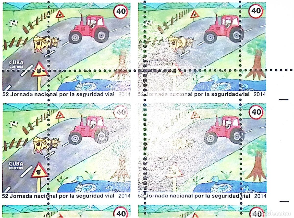Sellos: TS) 2014 CUBA, DIE PROOF, PERFORATE, DISPLACED IMAGE, BLOCK OF 4,52ND NATIONAL ROAD SAFETY DAY,MNH.