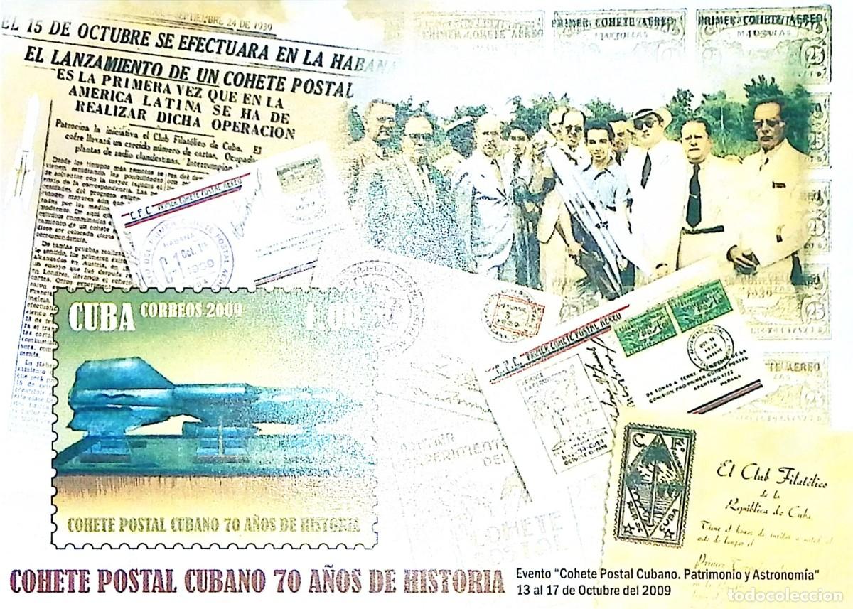Sellos: TS) 2009 CUBA, SOUVENIR SHEET,70TH ANNIVERSARY OF THE COUNTRY FIRST POSTAL ROCKET LAUNCH,XF.