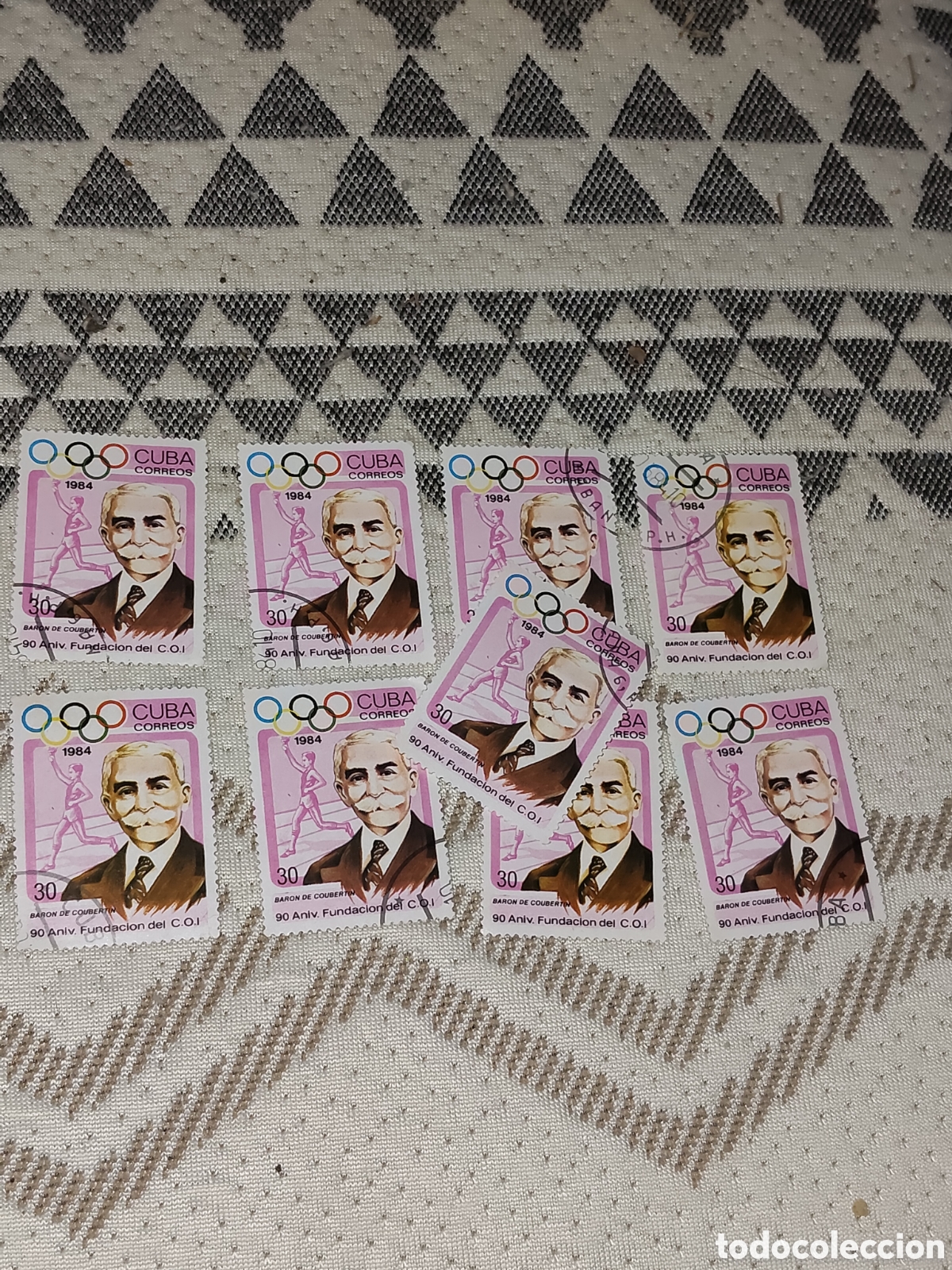 Sellos: 9 sellos de Cuba 90 aniversario del C.O.I. retrato del Bar&oacute;n Pierre de Coubertin 1984 como nuevos