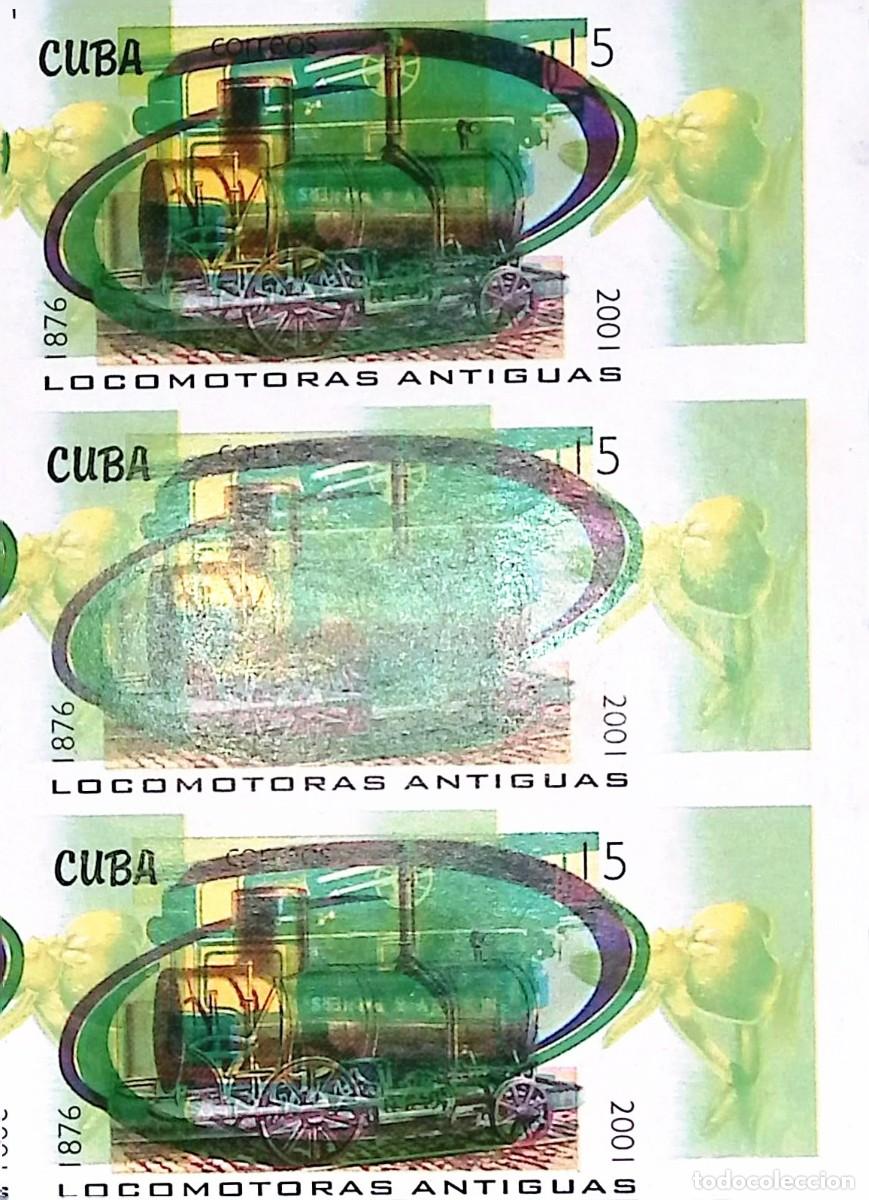 Sellos: TS) 2001 CUBA,DIE PROOF, IMPERFORATE, VARIETY OF COLOR, VERTICAL STRIP OF 3, STEAM LOCOMOTIVES,MNH.