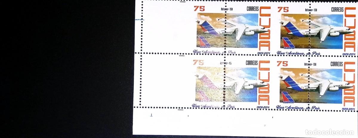 Sellos: TS) 2014 CUBA,DIE PROOF, PERFORATE, DISPLACED IMAGE, BLOCK OF 4, 85TH ANNIVERSARY OF CUBAN AVIATION,
