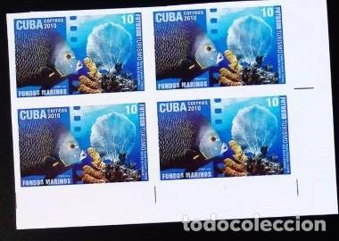 Sellos: TS) 2010 CUBA,DIE PROOF, IMPERFORATE, BLOCK OF 4,WITH THE FRENCH ANGELFISH AND CORAL, MNH.