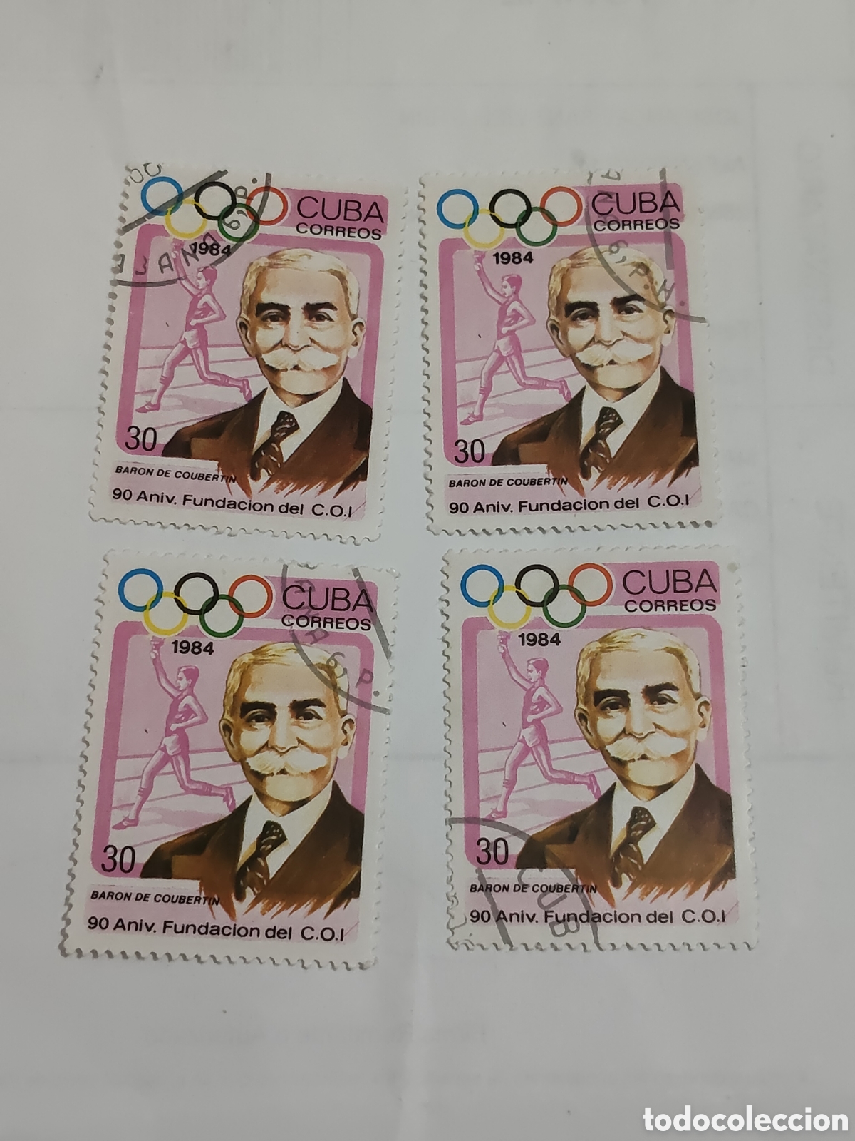 Sellos: 4 sellos de Cuba 90 aniversario de la fundaci&oacute;n del comit&eacute; ol&iacute;mpico internacional 1984