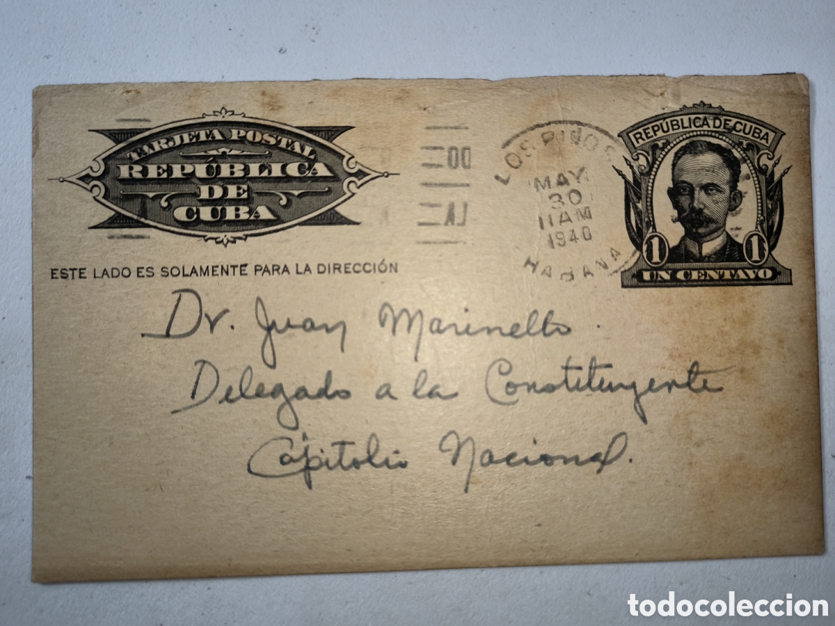 Sellos: Cuba, tarjeta postal enviada a Juan Marinello , constituci&oacute;n de 1940.